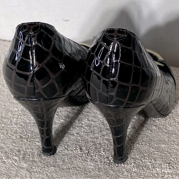 Bravo Browns Brown Lara Croc Embossed Patent Leather Heels W Brass Buckles 7.5 - Picture 11 of 14